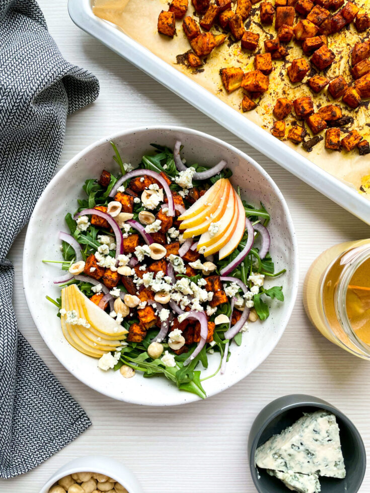 Roasted Sweet Potato and Arugula Salad with Pear and Blue Cheese