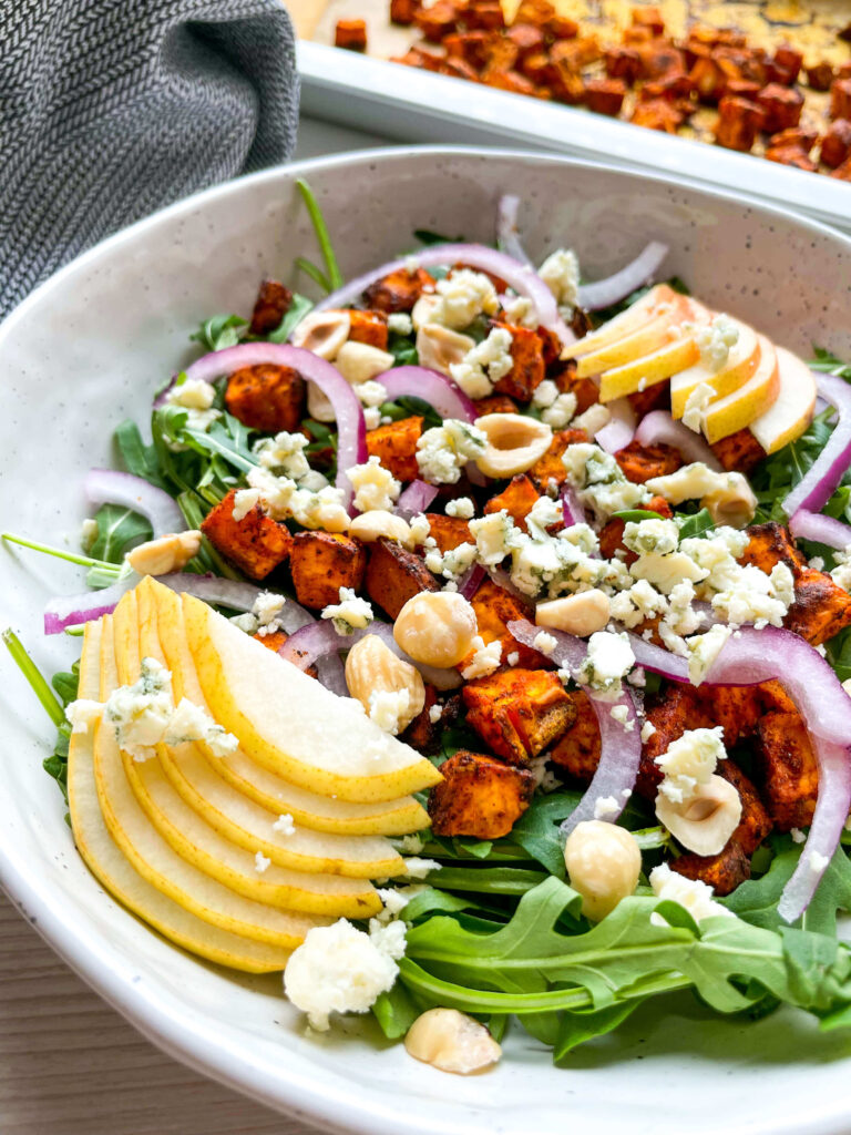 Roasted Sweet Potato and Arugula Salad with Pear and Blue Cheese